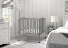 Portable Mini Baby Crib Folding w/ Mattress Wooden Nursery Furniture Grey Wheels