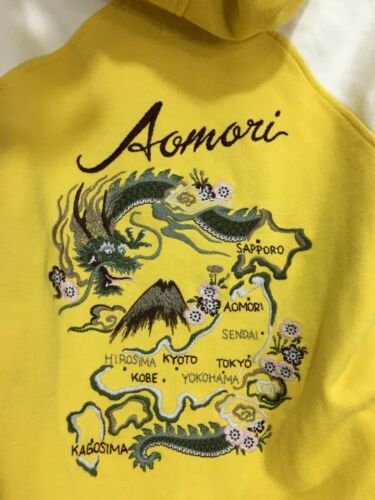 Sudadera con Capucha Lucky Brand M Algodón Amarillo Bordada Aomori Japón Mapa - Imagen 2 de 6