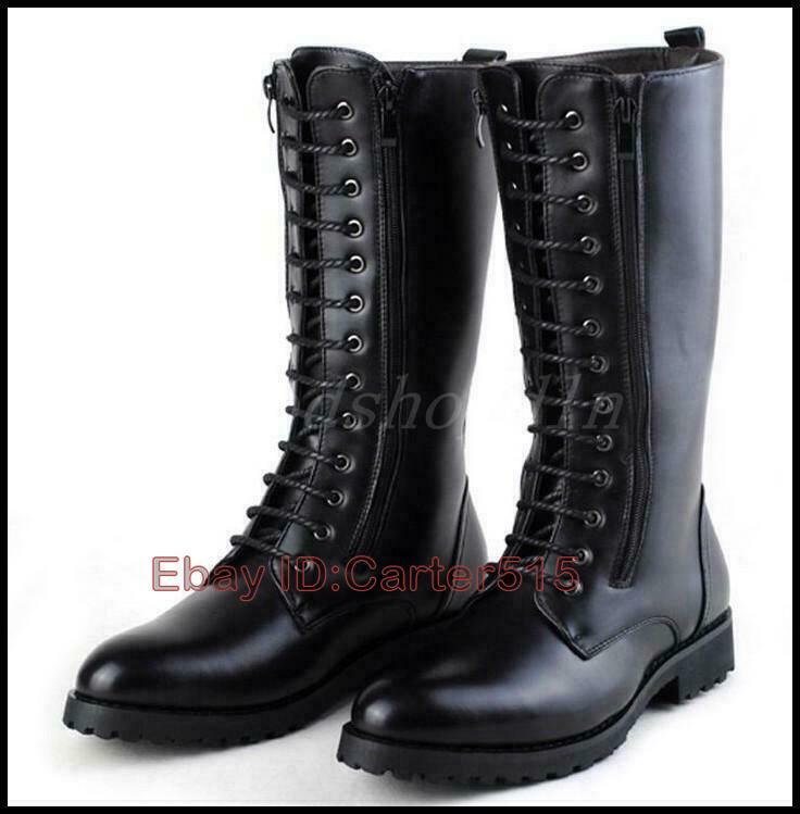 Fashion Mens Zip Lace up Military Knee High Long Combat Boots