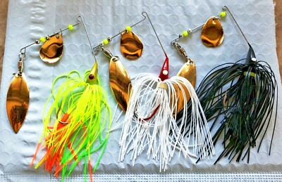 GO GOLD-THREE ORIGINAL 3/8 OZ BASS BOSS SPINNERBAITS-24 KT GOLD PLATED BLADES