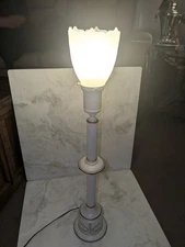 VTG Tole Ware Metal Lamp Beige With Gold Trim Tulip Glass Shade 28" Tall Nice