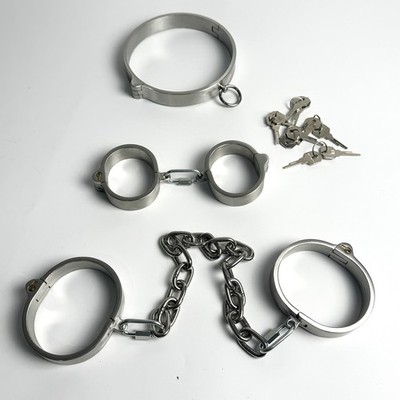 Stainless Steel Neck Collar Handcuffs Ankle Cuffs Set Bolt Lock Heavy Slave SM
