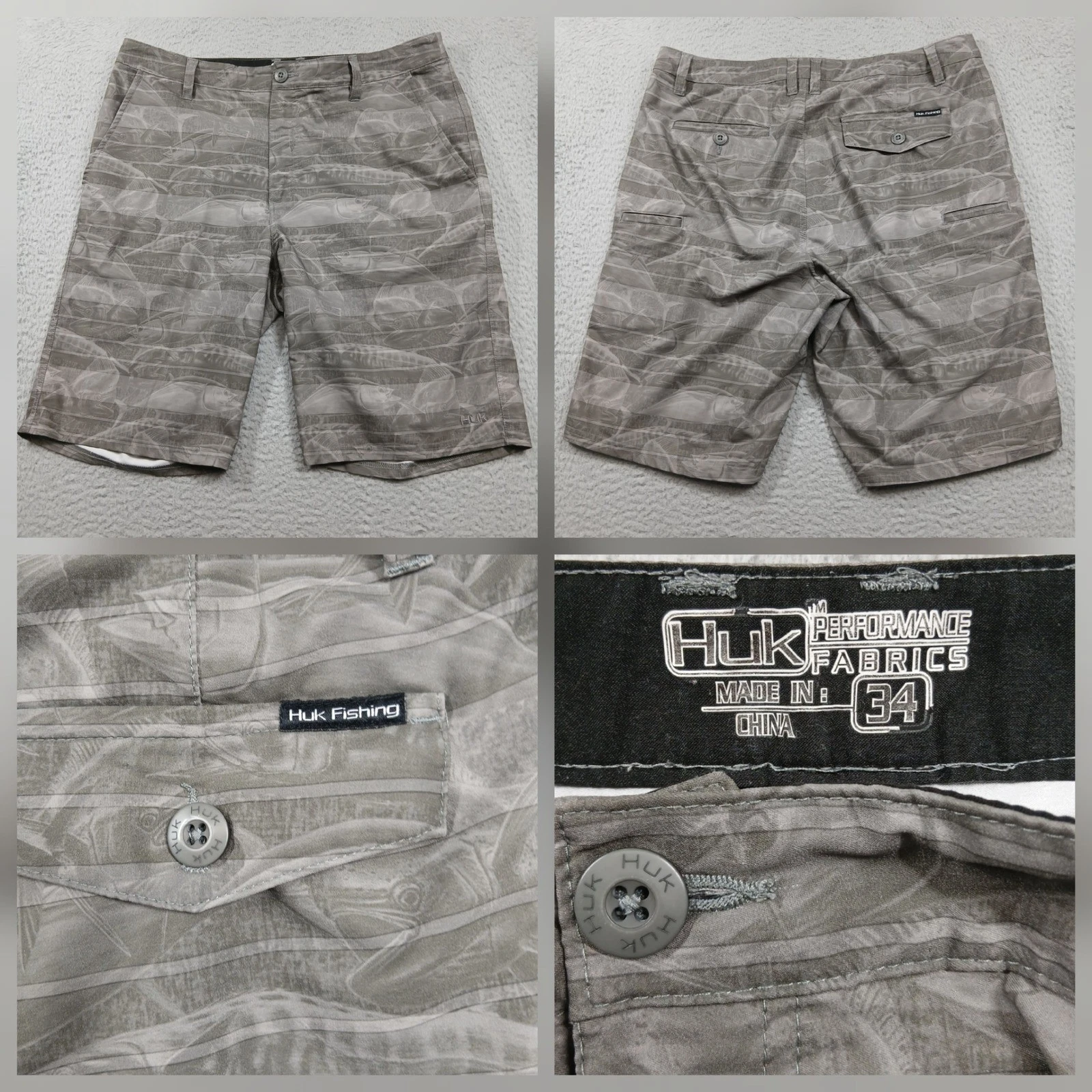 Huk Fishing Shorts Men's 34 Gray Fish Print Performance Outdoor