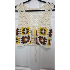 Crochet Granny Square Vest Women's OS Cream Boho Festival Hippie Cropped