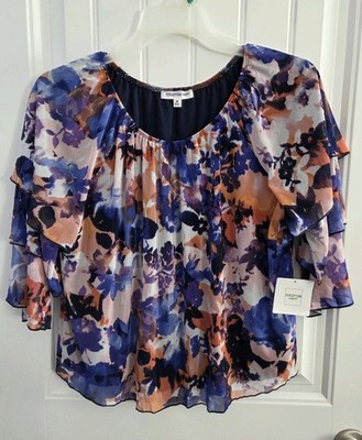 NWT Perception Concepts Womens Blouse M Blue Orange Floral  3/4 Ruffle Sleeve