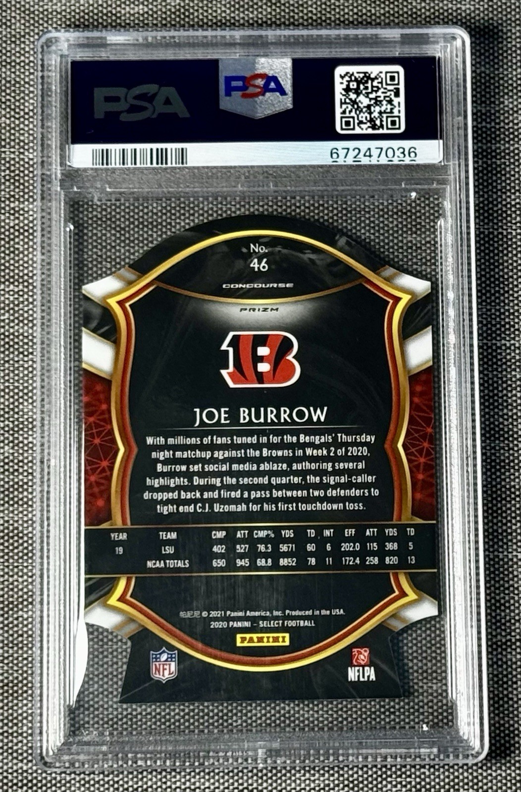 2020 Panini Select - Concourse Joe Burrow #46 Neon Green Prizm Die-Cut (RC) view 8