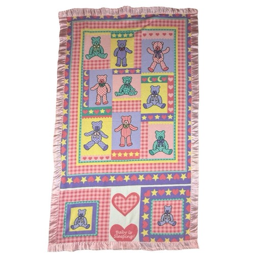 Acrylic Crib Baby Toddler Blanket Satin Trim 35”x 59” Teddy Bear Vtg Pink Hearts
