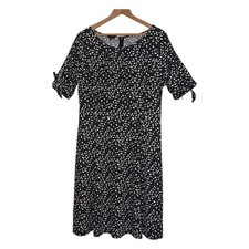 Talbots Tie Sleeve Polka Dot Fit And Flare Knit Jersey Dress Sz XL Black Cream