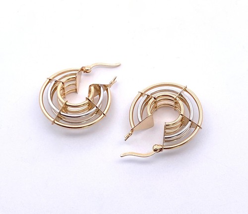 14k Two-Tone Gold Trinity Layered Nestled 22mm Hoop Latch Back Earrings 3.9g