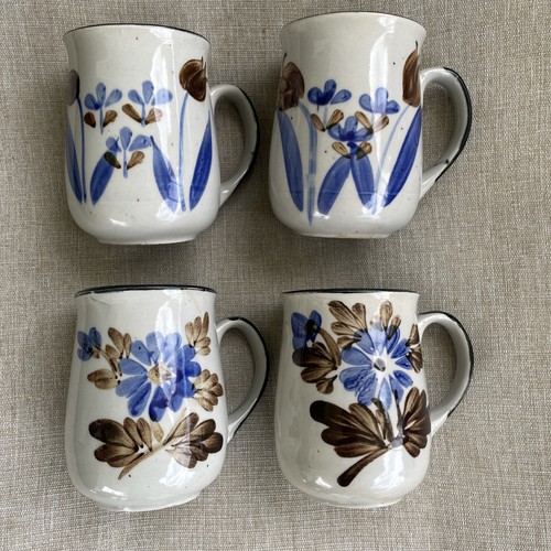 Vintage Speckled Stoneware Coffee Mugs set of 4 Flowers Hand Painted Korea COTC