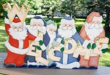 Hand-Painted “Welcome” Sign w/ 5 Santa's Free Standing Christmas Wooden Decor