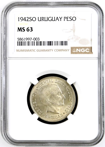 1942 SO Uruguay PESO Silver Coin Cougar Puma Km 30 NGC MS 63