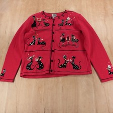 vtg 90s BEREK embroidered sequin cat date ramie cotton cardigan sweater LARGE