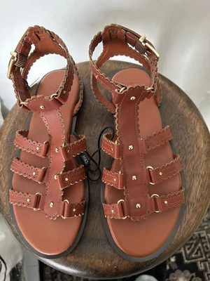 M&S Tan Leather Scallop Edge Flat Gladiator Sandals.Size 3.BNWT £50.00 - Image 1 of 4
