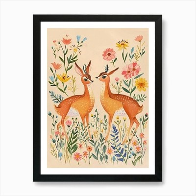 Folksy Floral Tier Zeichnung Antelo gerahmtes Wandbild Poster Leinwanddruck Bild