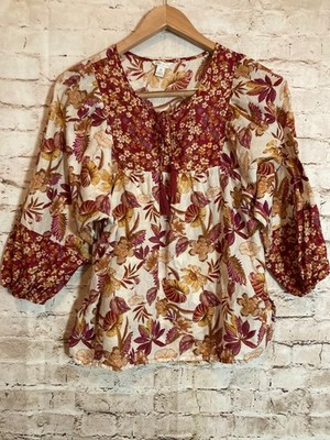 Cato Peasant Top Womens Medium Maroon Floral Balloon Sleeve Boho Hippie Tasseled