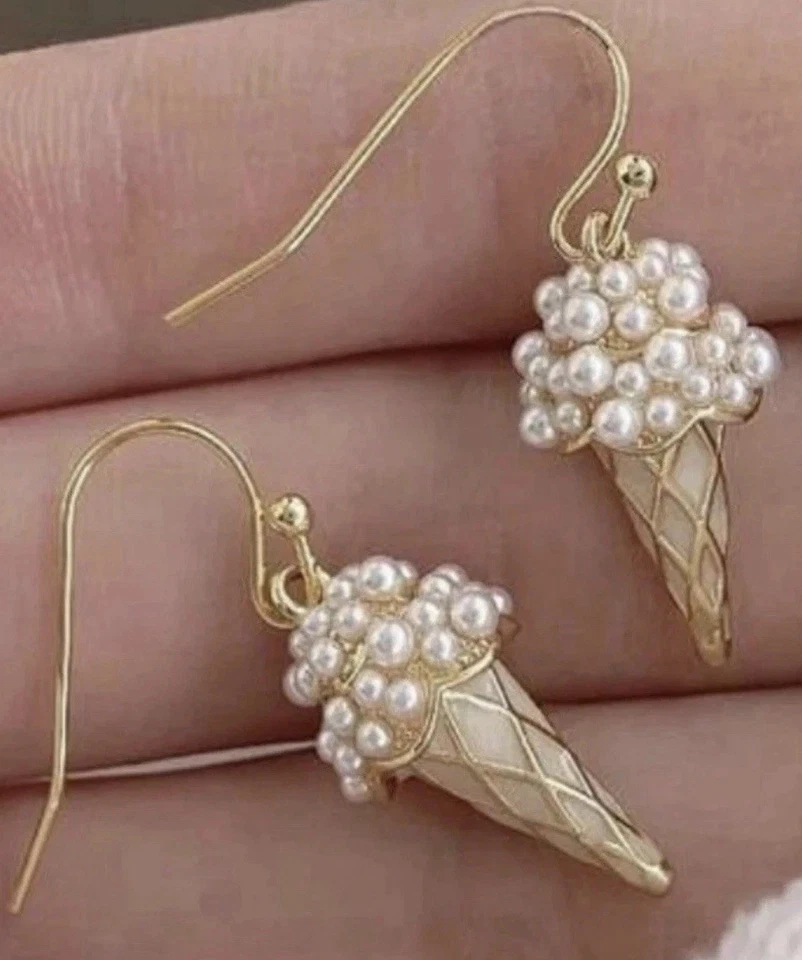Pendientes de cono de helado de perlas de imitación de plata de ley 925 enchapados en oro de 14k nuevos sin etiquetas Foto 3 de 4