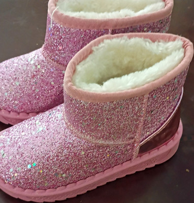 Girls Pink Glitter Faux Fur Lined Ankle Bootie Slip-On Round Toe Sz 11.5