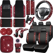 Bling Diamond Car Accessories Set for Women, Leather Car 23 PCS Red Diamond
