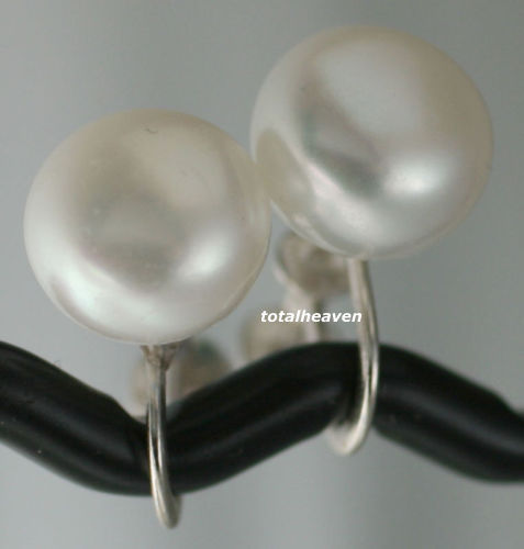 Solid Sterling Silver Adjustable Screw Clip On Earring 11mm WHITE Cultured Pearl - Picture 1 of 12