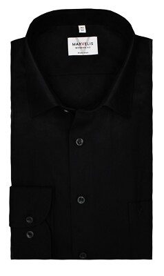 MARVELiS Hemd Schwarz Bügelfrei Modern Fit 100% Baumwolle Langarm 1/1 NEU