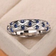 Round Blue Sapphire Diamond Eternity Engagement Band Ring 14k White Gold Finish