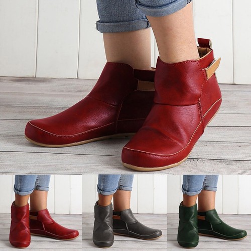 Mujeres Botines Botas de Cuero Vintage Zapatos Planos Invierno Punta Redonda Impermeables - Imagen 3 de 20