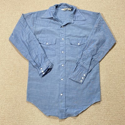 VINTAGE 70s Western Hemd Herren Medium Slim Fit Semi Sheer Pearl Snap Chambray