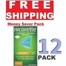 12 PACK Nicorette FRUIT FUSION Stop Smoking Aid Chewing Gum 4mg 105Pieces