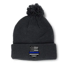 Pom Pom Beanies for Women Us Flag Thin Blue Line Badge Embroidery Skull Cap