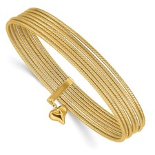 Real 14kt Yellow Gold w/ Dangle Heart Slip-on Set of 7 Textured Bangles