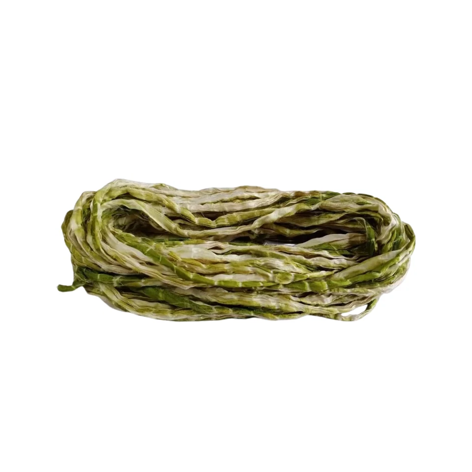 Sari Silk Ribbon super bulky yarn -Green ,Cream -Sari Silk Ribbons - Silk Strips - Image 3 of 4