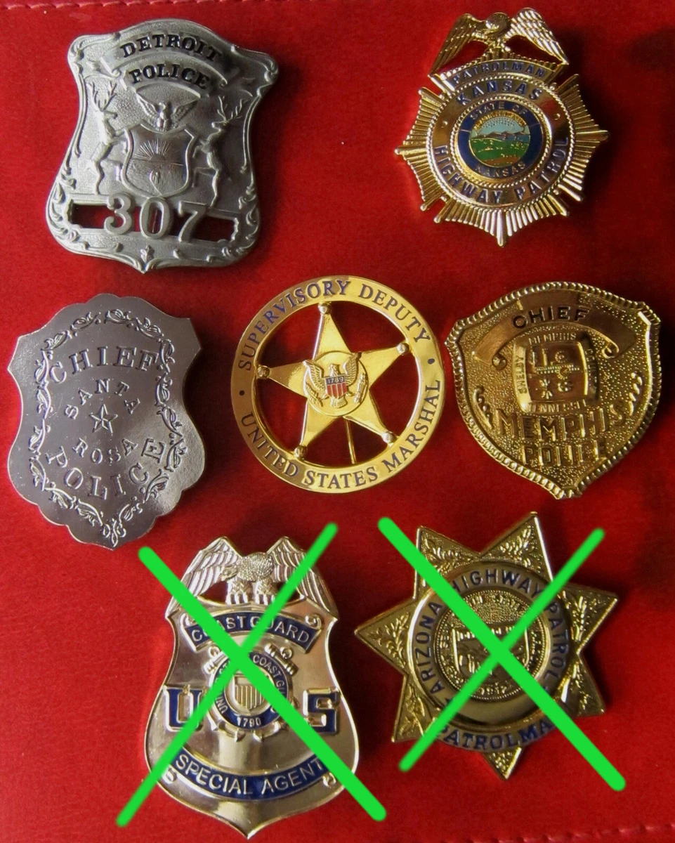 5 x obsolete police badges, Detroit, Kansas, Santa Rosa, Tennessee, Marsha etc.