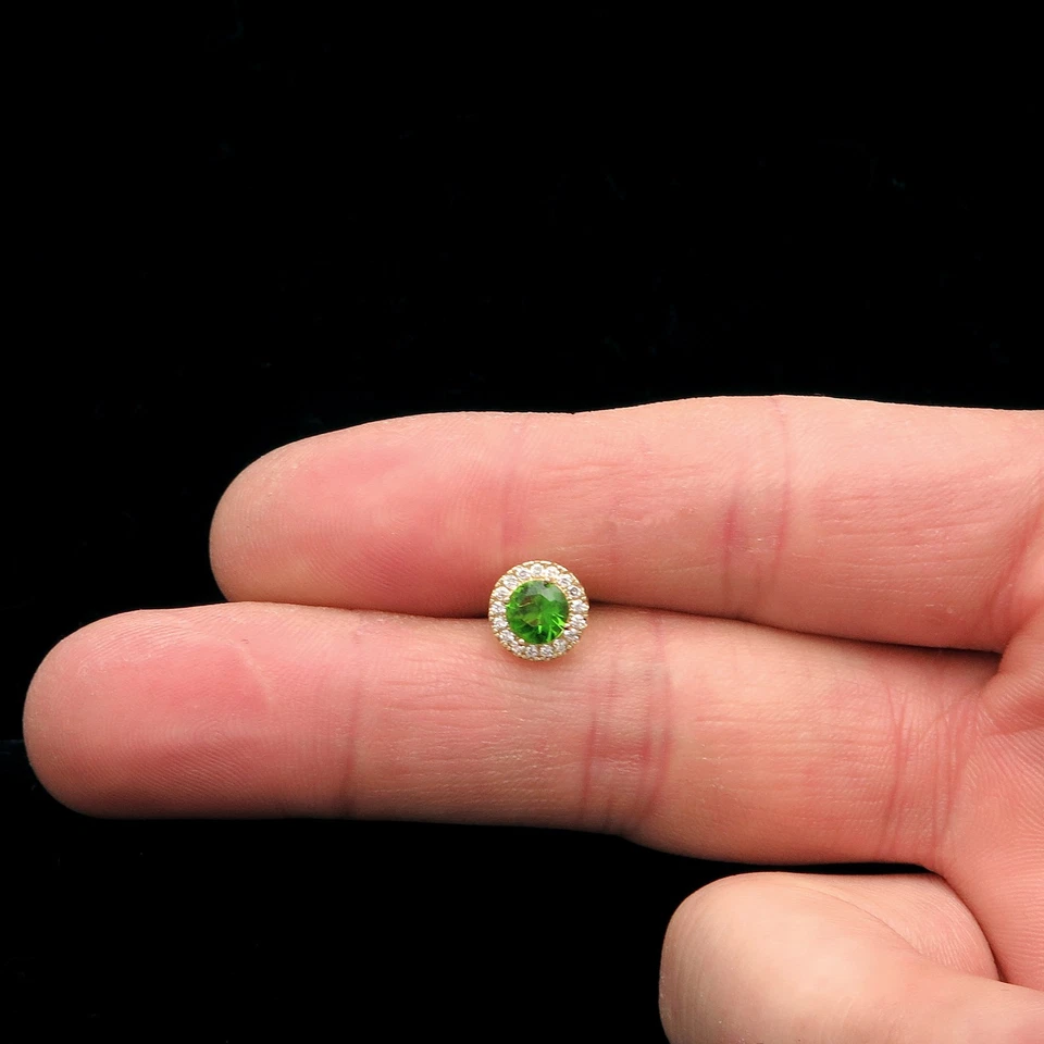 1CT Halo Green Peridot Simulated Diamond Stud Earrings 14k Yellow Gold Round Cut - Image 3 of 4