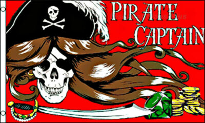 Pirate Captain Woman Sword & Skull Emerald Gold Coins 3x5 Polyester Flag 100D