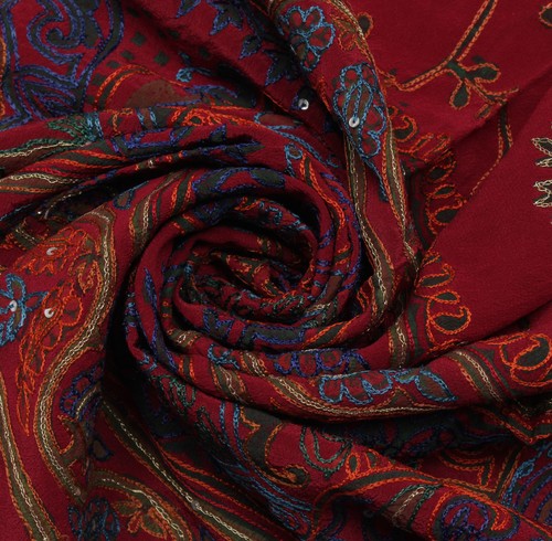 Sushila Vintage Maroon Sari Remnant Scrap Pure Crepe Embroidered Craft Fabric - Picture 4 of 5
