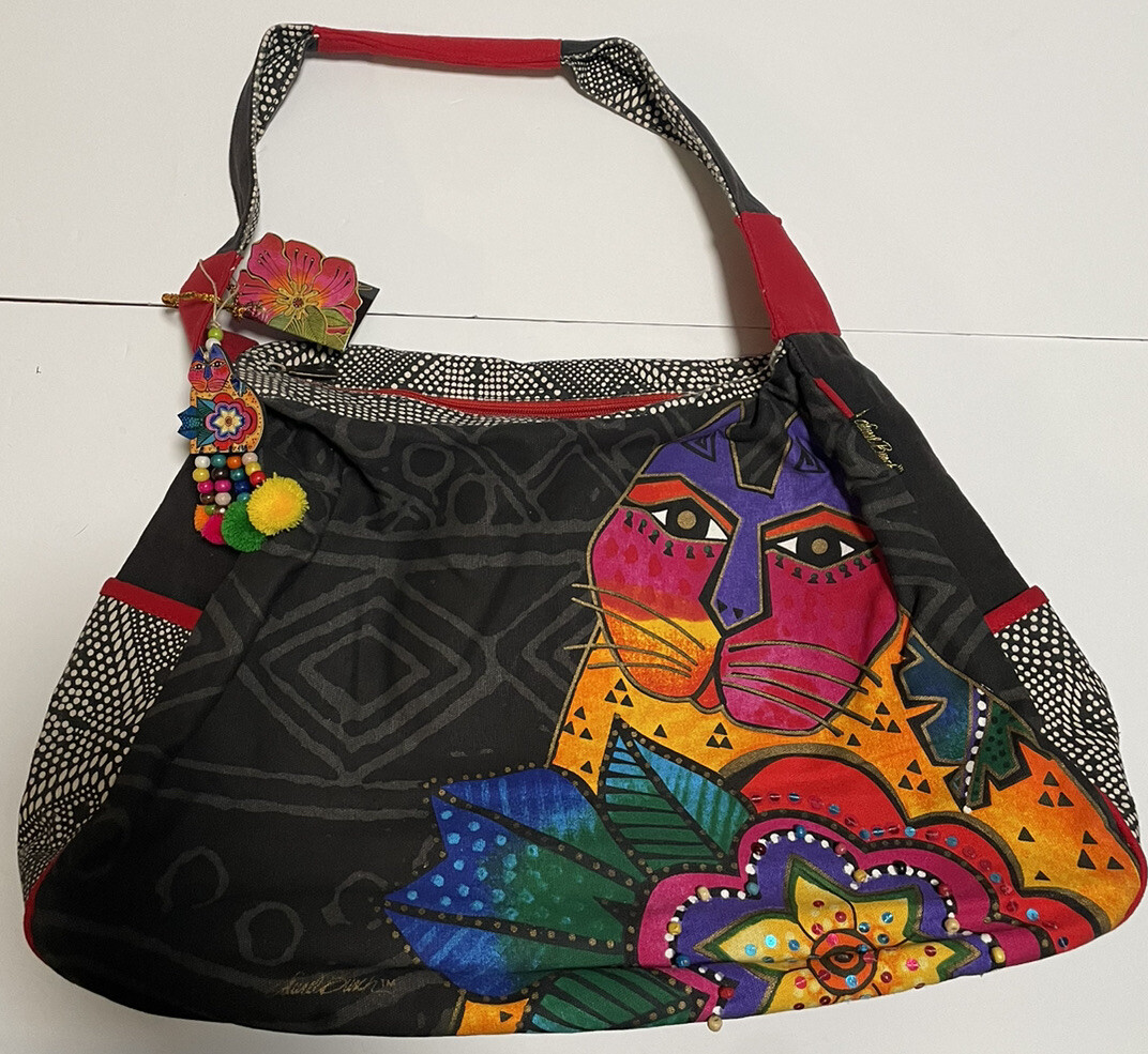 Laurel Burch Large Tote Bag Purse  Colorful Vibrant Cat Sequins Wood Beads Charm