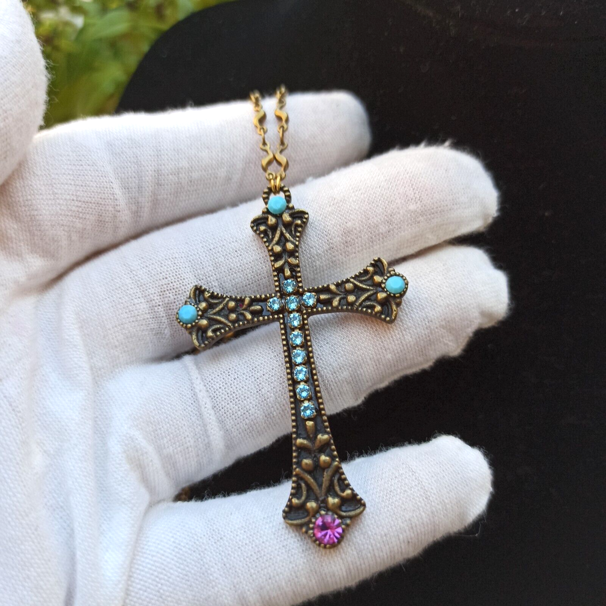 Michal Negrin Cross Necklace Turquoise Blue & Swarovski Crystals