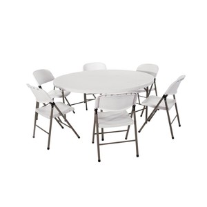 Details About Bolero Round Folding Table 6 Chairs Steel Base Polyethylene Table Top 5 Ft