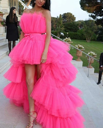 Hot Pink Hi Low Evening Prom Dresses 