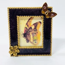 Small signed Mini Enamel gold tone Metal Picture Frame Purple Butterfly jewels
