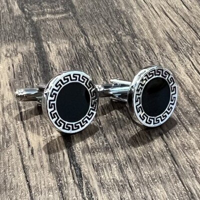 Greek Border Black Center Cufflinks Men Birthday Wedding Gift Cufflinks In Box