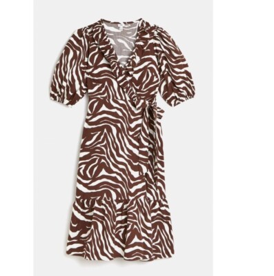 Size 12 Brand new River Island Frill Wrap Midi Dress Brown zebra animal  print UK