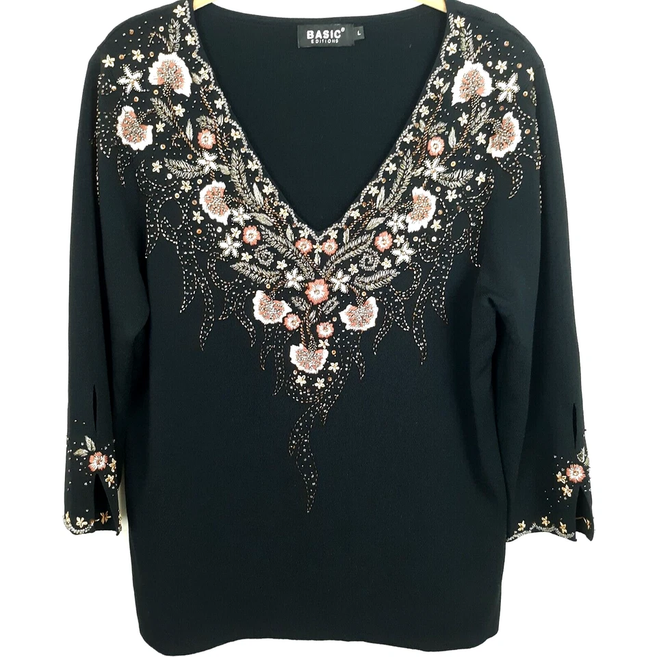 Top tejido embellecido Basic Editions para mujer grande bordado con cuentas negro vintage Foto 2 de 4