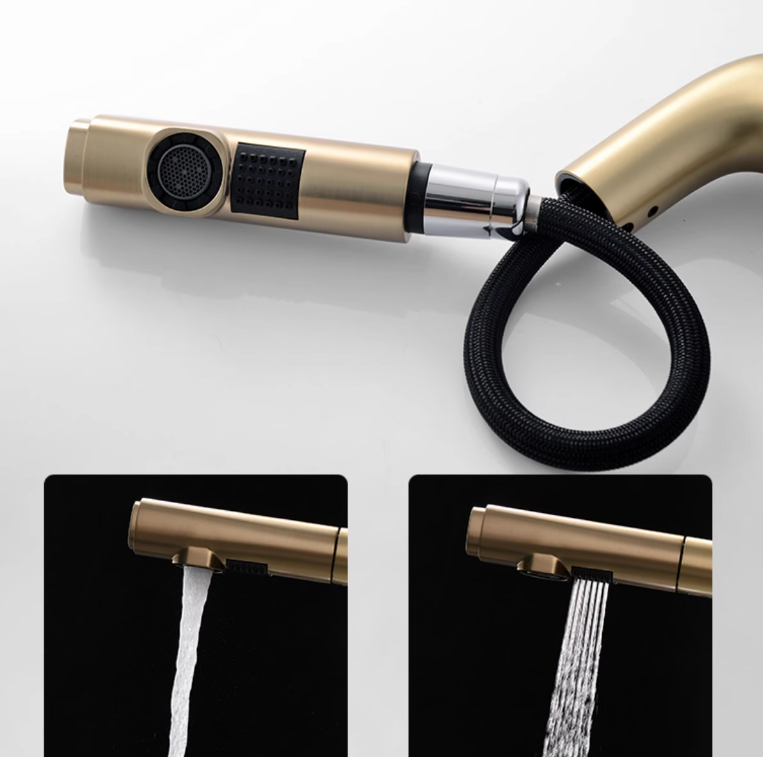 Pull Out Bathroom Basin Mixer Faucet Lavatory Brass Brushed Gold
