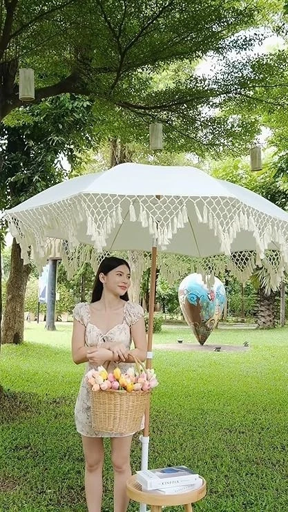 Paraguas Exterior Boho Macrame 2m - Sombrilla Patio Balinés Artesanal con Soporte Foto 2 de 4