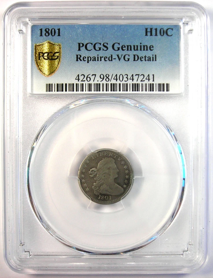 Media moneda de diez centavos busto drapeado 1801 H10C - Certificado graduación profesional detalles en muy buen estado - ¡Moneda de fecha rara! Foto 2 de 4