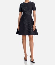 Oscar de la Renta Women's Gray Wool Tonal Fern Stitch Round Neck Dress Size S