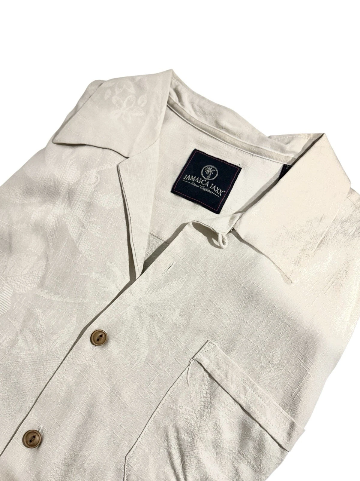 Jamaica Jaxx Button Up Shirt Men's Size XL 100% Silk Short Sleeve White Floral