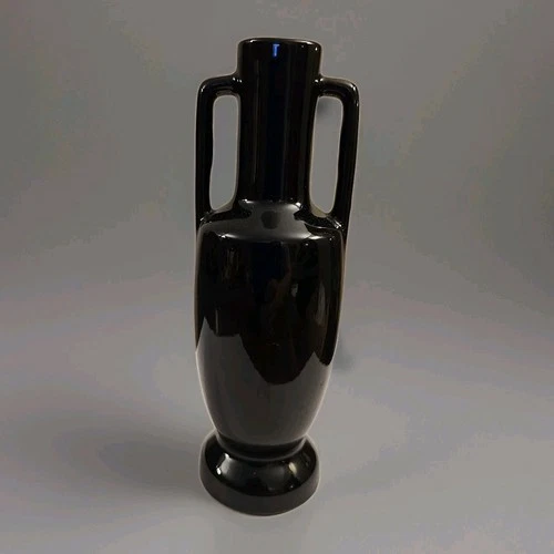 Vintage MCM Frankoma Pottery Brown Black Vase 6.5" Two Handled Bud